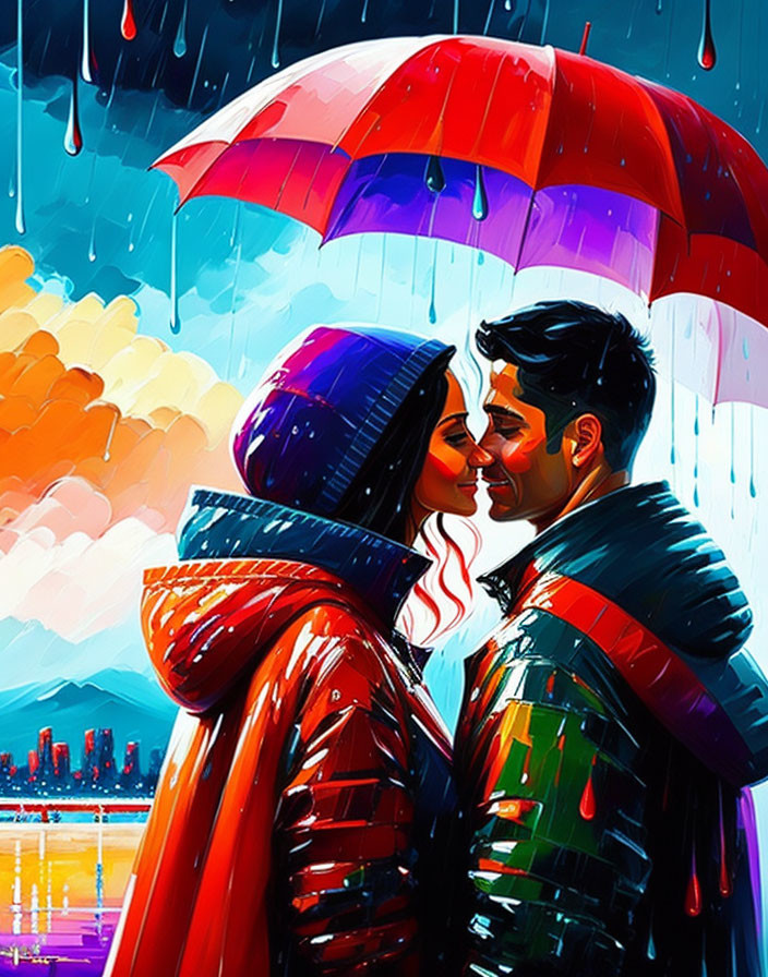 Affectionate couple under colorful umbrella in vibrant cityscape