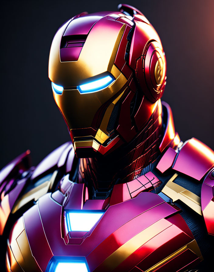 Detailed Iron Man helmet with glowing blue eyes and chest arc reactor, red and gold armor on dark background