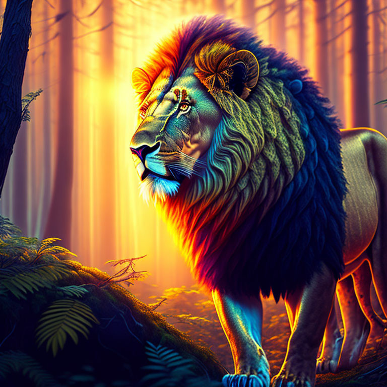 Colorful Lion Illustration in Forest with Sunlight Beams