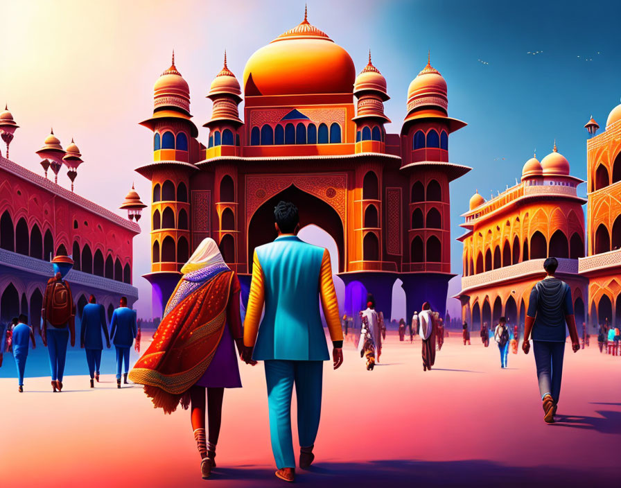 Colorful artwork of couple walking to grand palace under purple sky