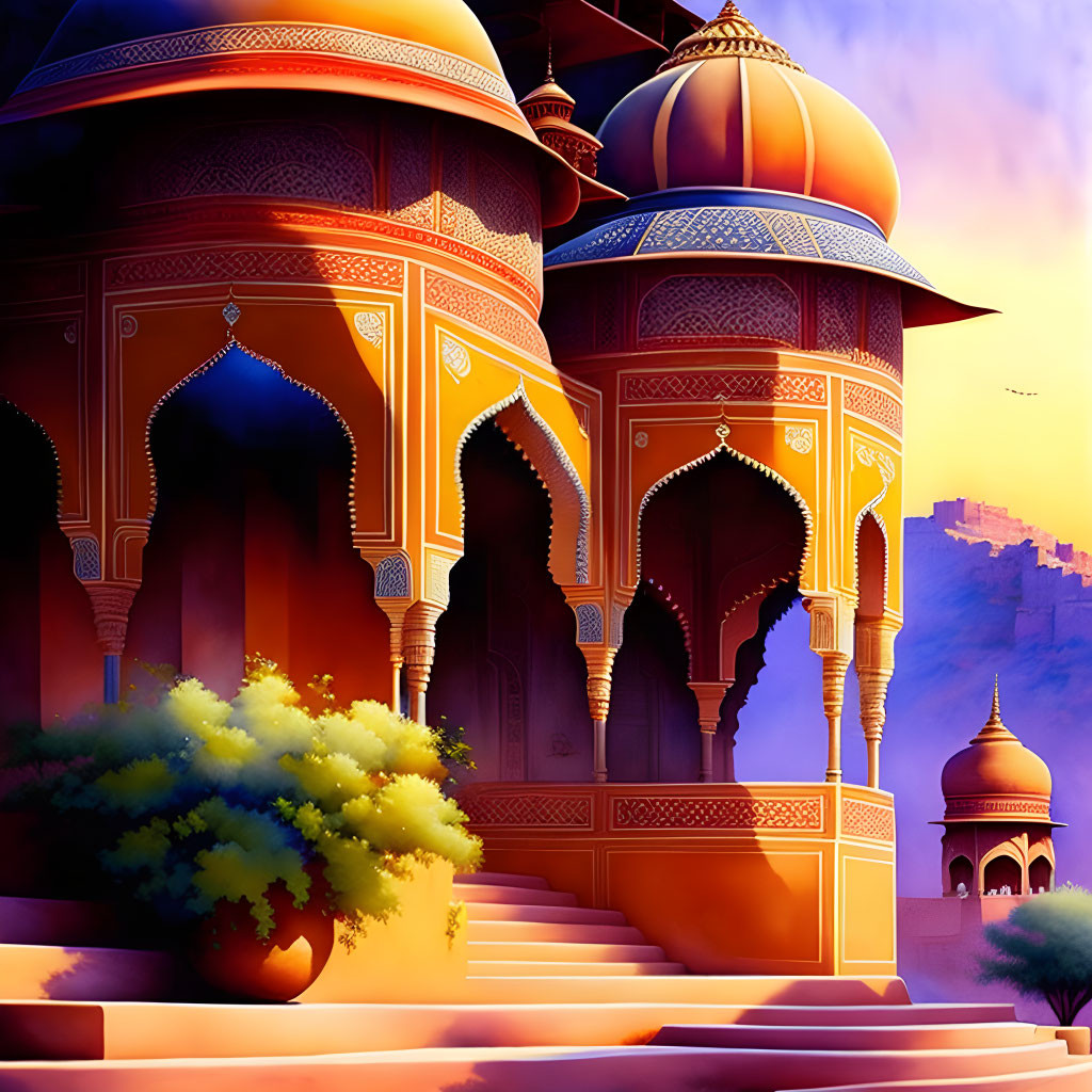 Colorful palace illustration with ornate arches and domes at sunset