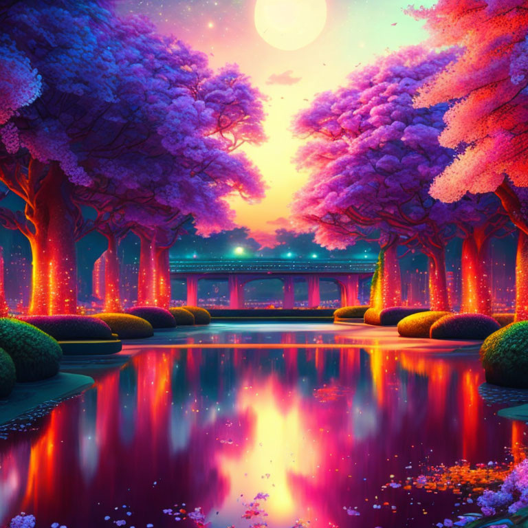 Luminous trees and bridge in vivid fantasy landscape