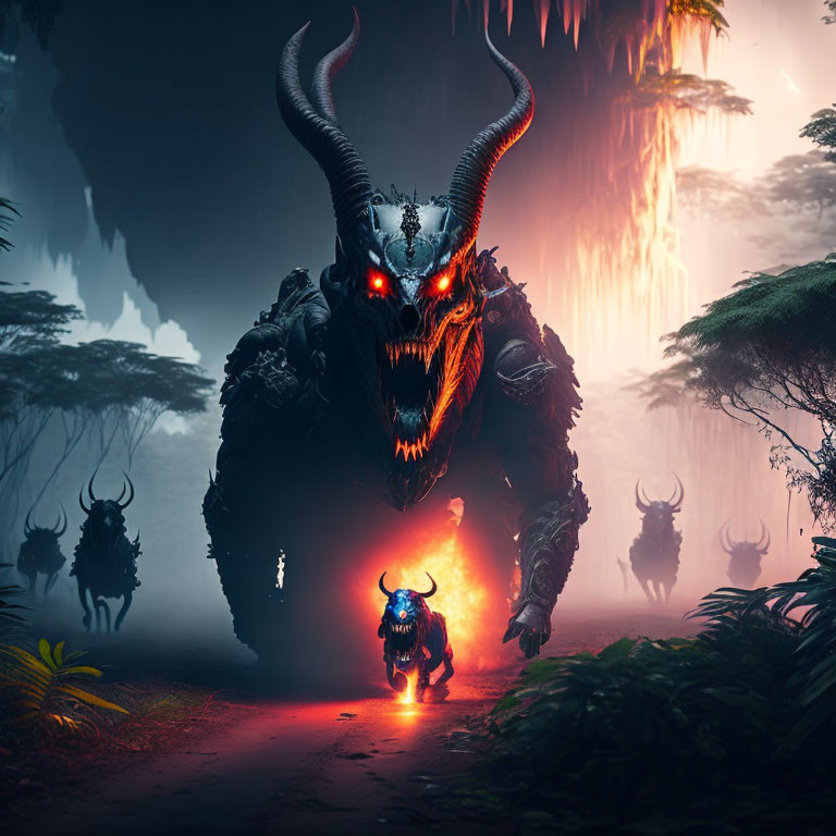 Menacing fantasy scene with giant horned creature in misty forest