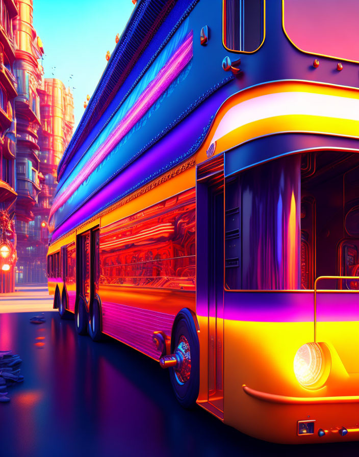 Neon-lit blue and purple bus in futuristic cityscape