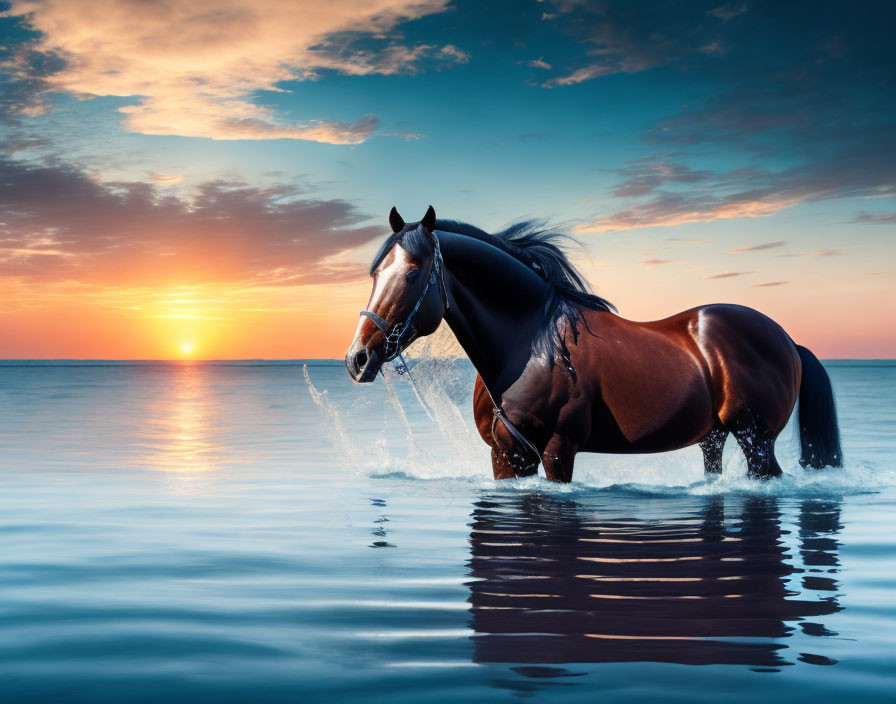 Horse in water at sunset with reflections and dramatic sky