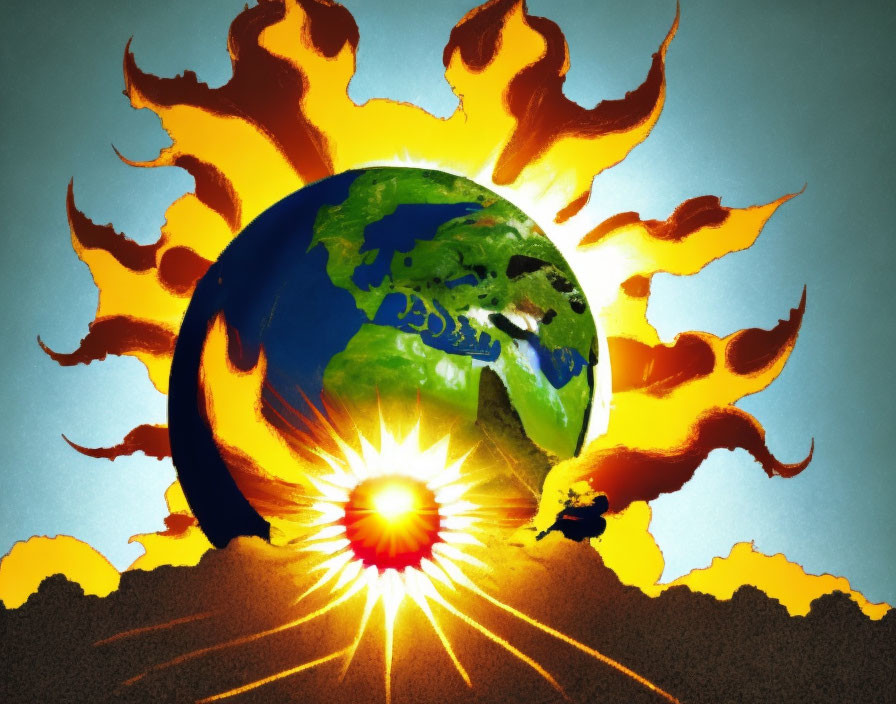 Earth with fiery flames and explosion symbolizing extreme heat.