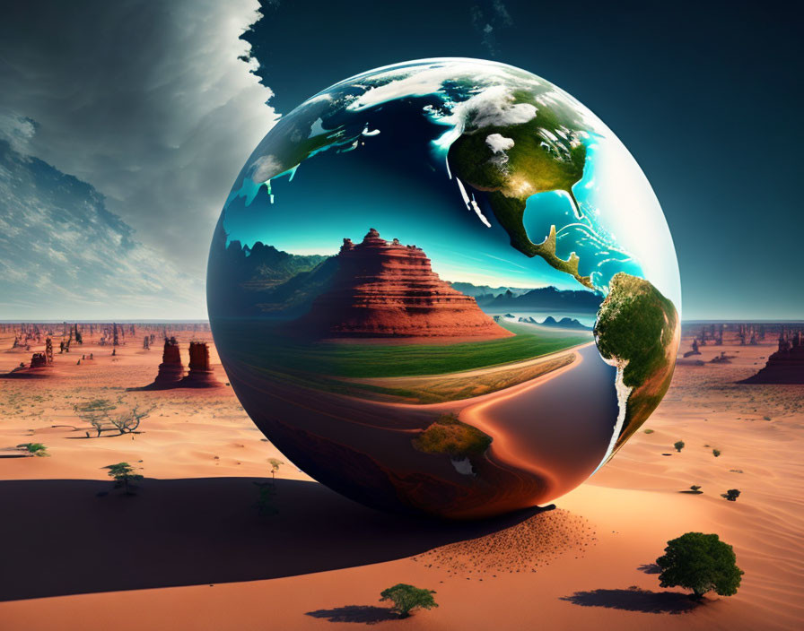 Surreal image of glossy Earth melting onto desert landscape