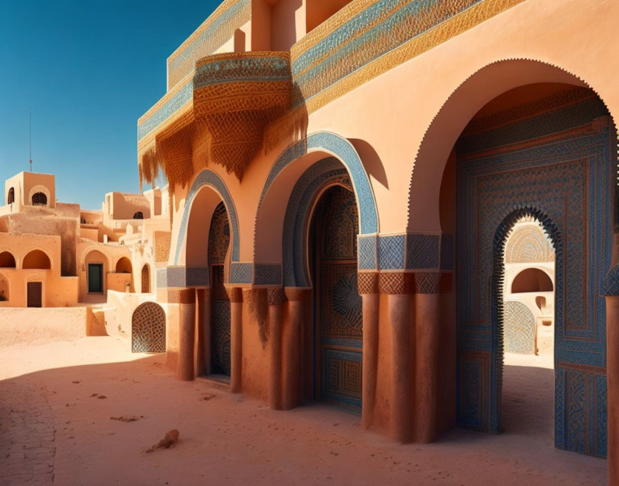 Traditional Arabic building with intricate blue tilework against desert sky