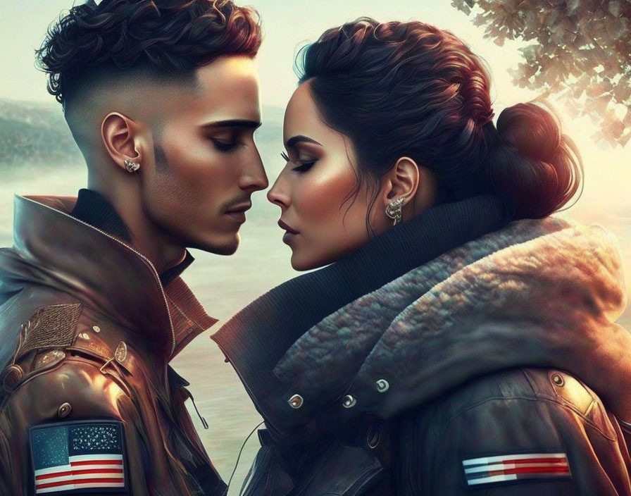 Digital illustration: Affectionate couple in USA flag jackets kissing