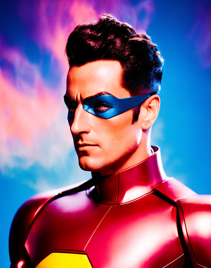 Man in Red Superhero Suit with Blue Mask on Vibrant Blue and Pink Background