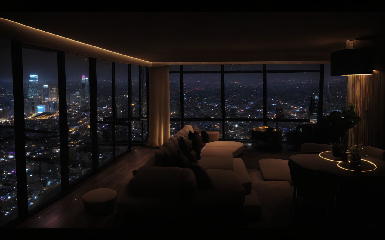 Modern Luxury Room with City Night Skyline View