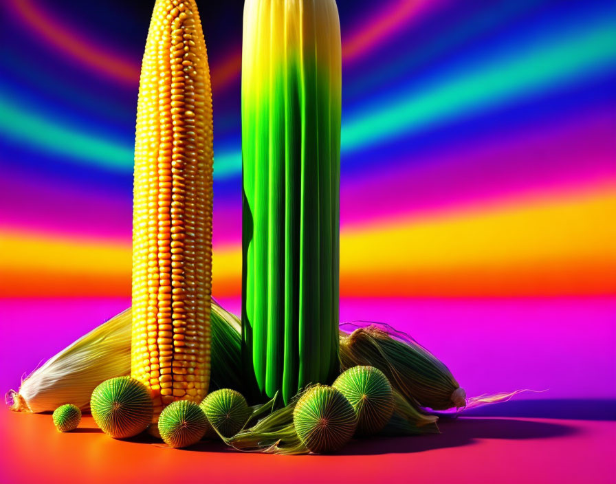 Colorful corn cob and ear on neon rainbow background with green spheres