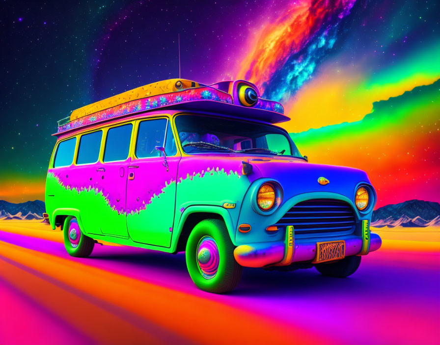 Psychedelic van against colorful sky with stars and nebula