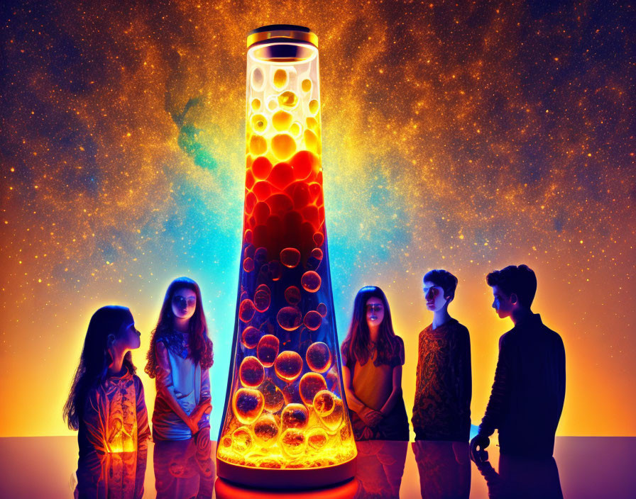 Group of people watching glowing lava lamp on starry background