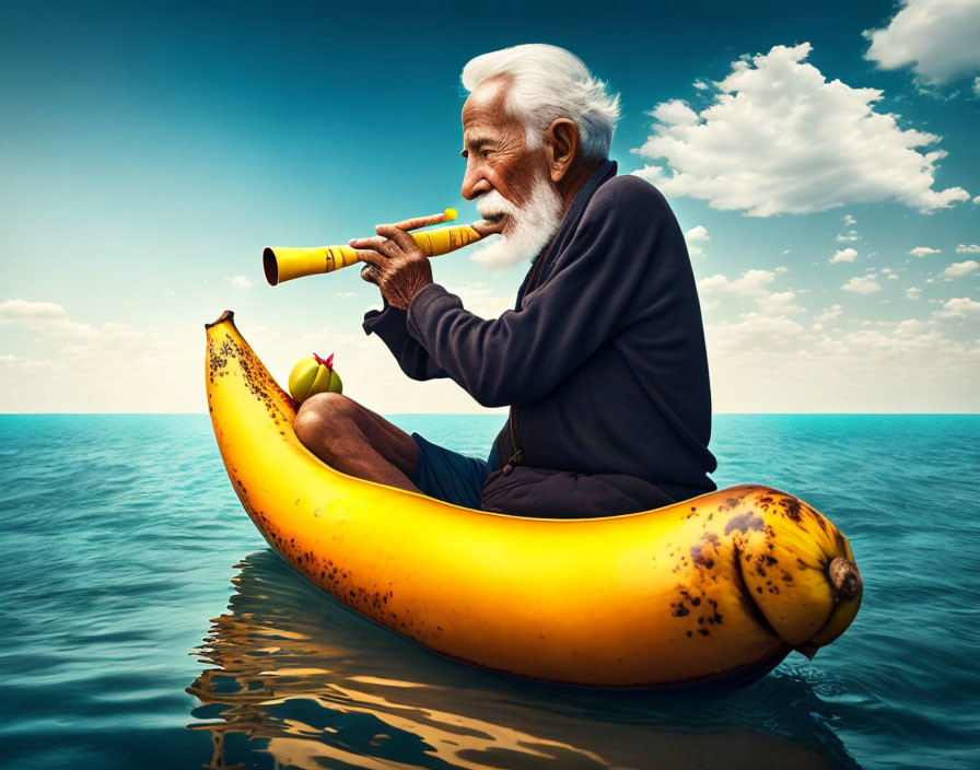 Elderly man playing flute in banana boat on calm sea