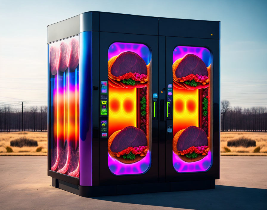 Colorful vending machine with food graphics outdoors