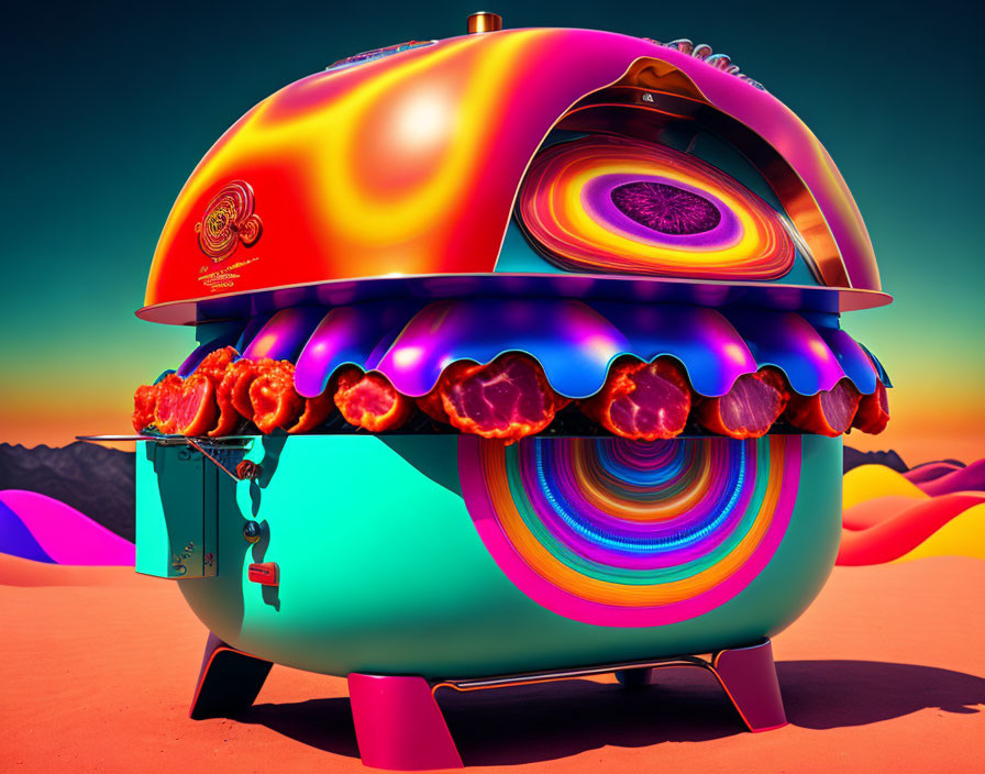 Colorful surreal barbecue grill in psychedelic style against desert backdrop