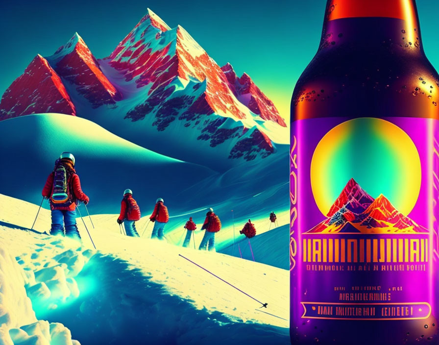 Climbers ascending snowy mountain with vibrant bottle illustration