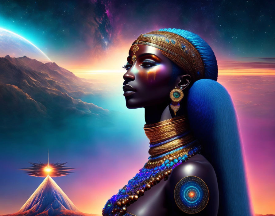 Digital artwork: Woman with African features, golden jewelry, cosmic background, mountain, planet