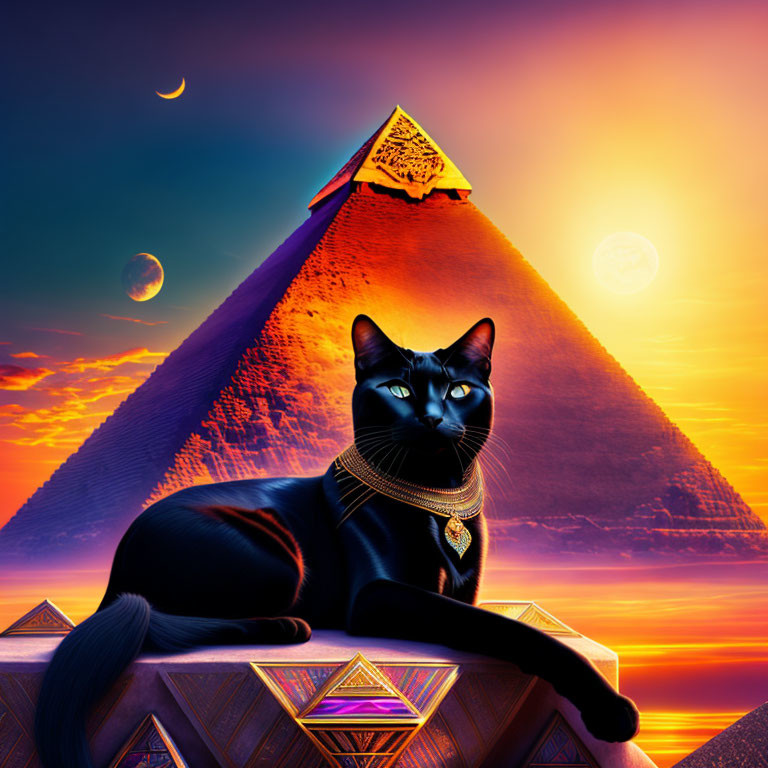 Black Cat with Golden Jewelry on Pyramid at Sunset