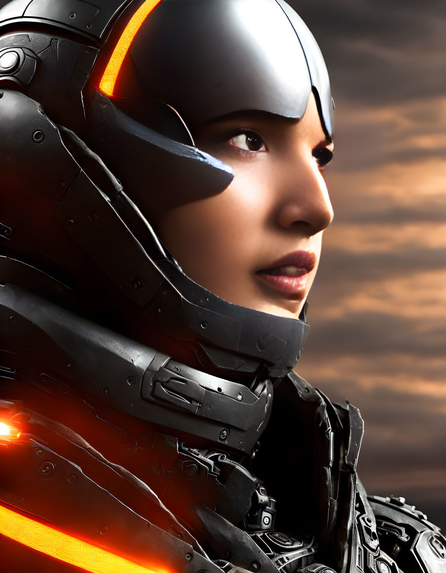 Futuristic helmeted person in glowing orange armor against cloudy sky