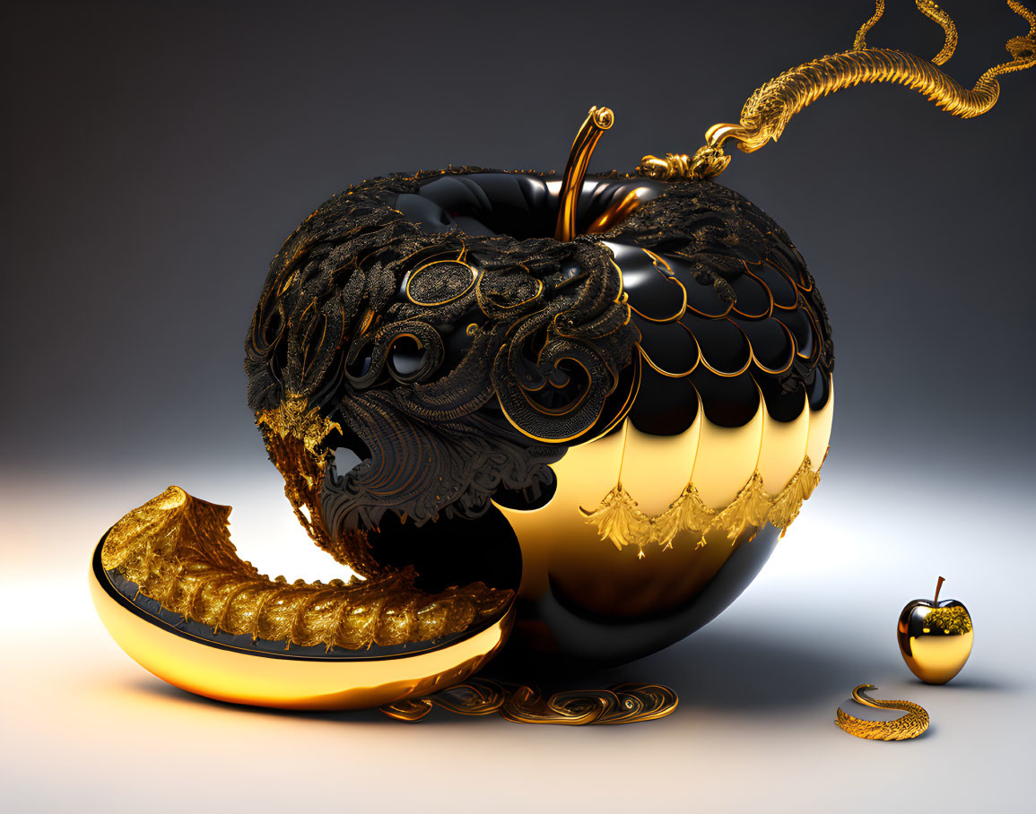 Golden ornamental apple with intricate carving, sliced and connected by gold chain