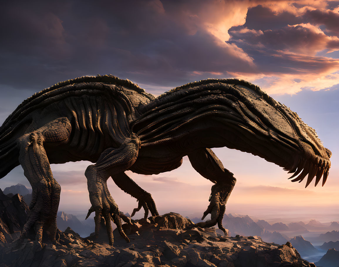 Detailed digital artwork: Fictional wingless dragon on rocky terrain at sunset