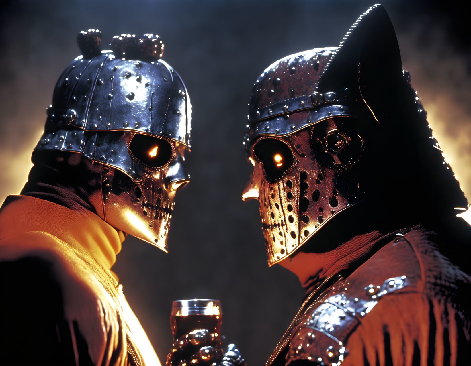 Medieval armor helmets in red and yellow with smoky background.