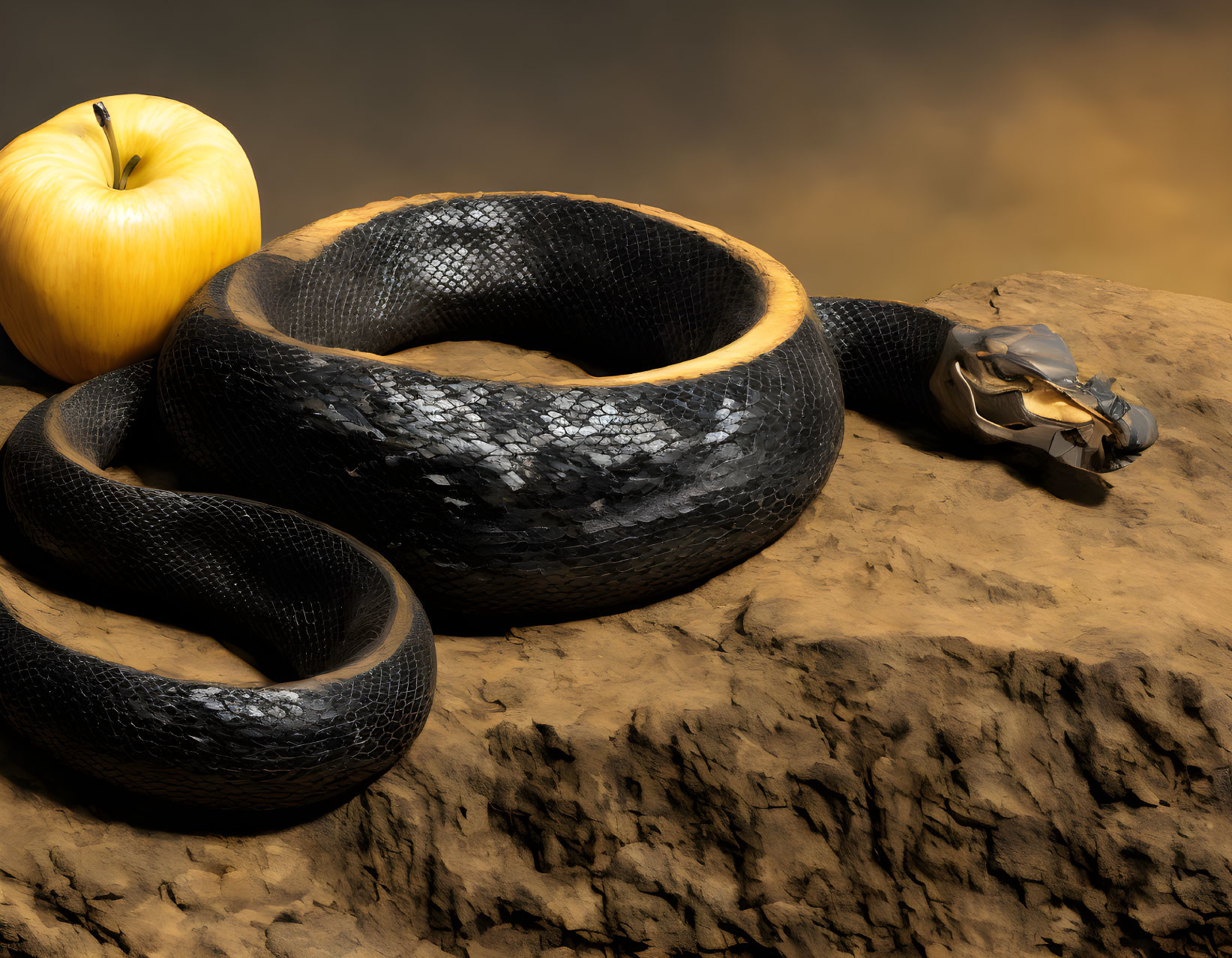 Black snake, yellow apple, metallic skull on rocky surface