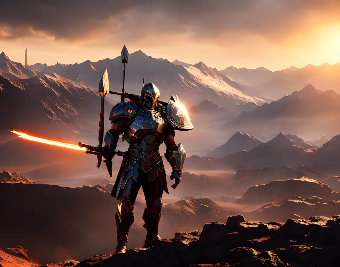 Knight in Shiny Armor with Glowing Sword and Shield in Mountain Landscape