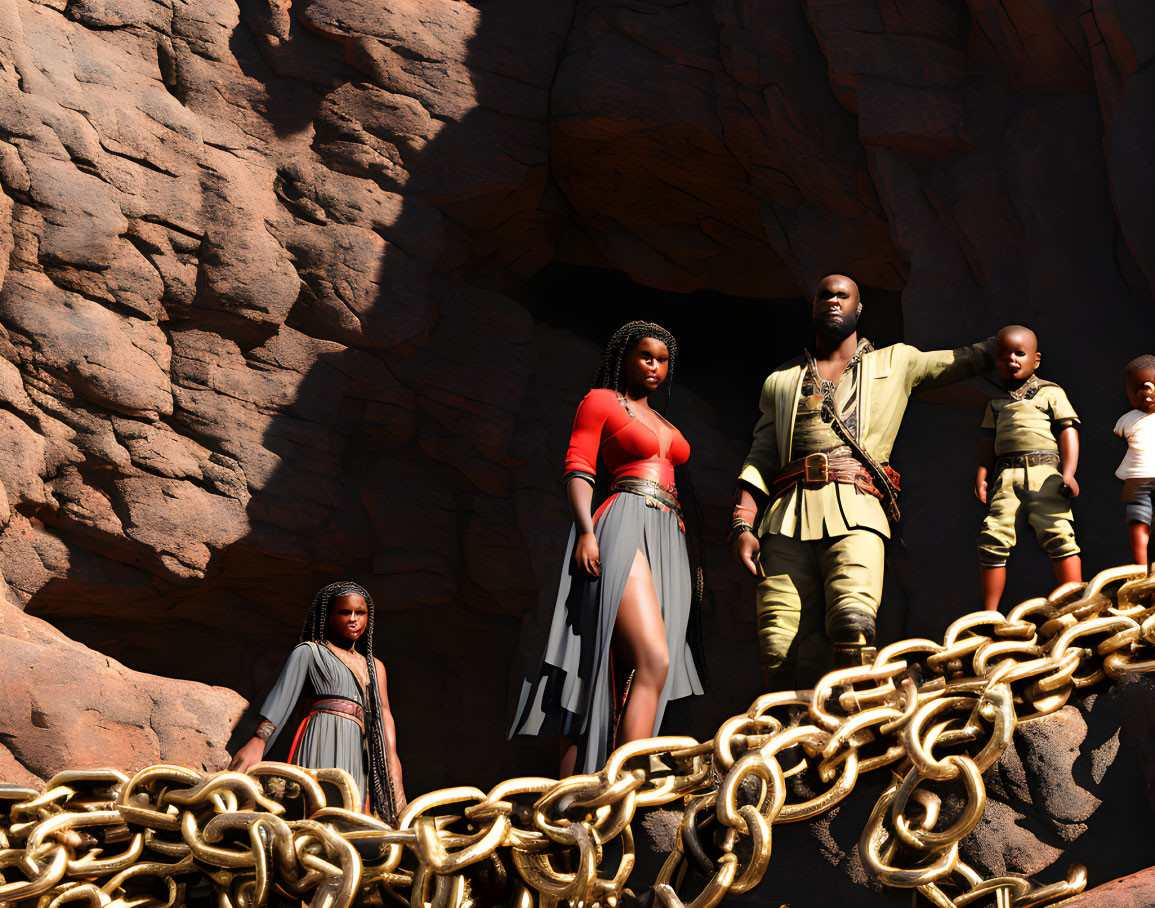 Animated characters on rocky terrain with large golden chain in foreground