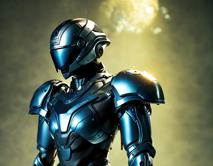 Futuristic humanoid robot in blue armor on golden backdrop