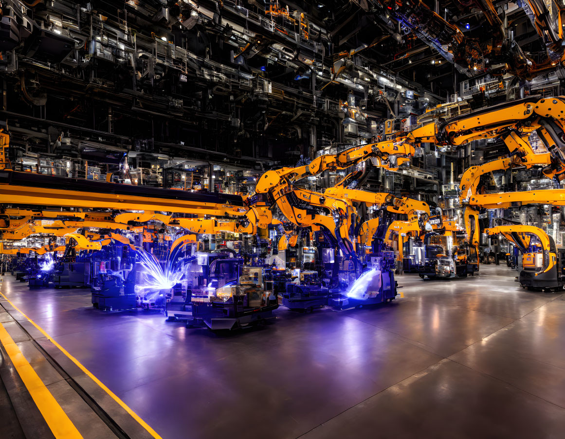 Automotive assembly line with robotic arms and welding sparks on dark background