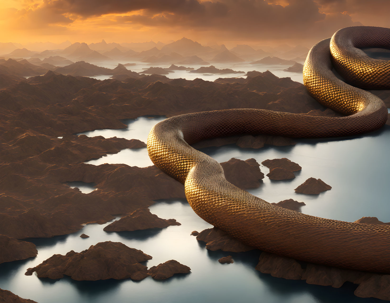 Gigantic snake in mountainous landscape at sunrise