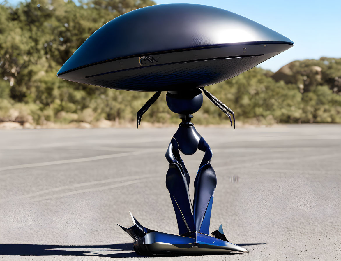 Metallic blue UFO with tripod landing gear on asphalt road surrounded by trees.