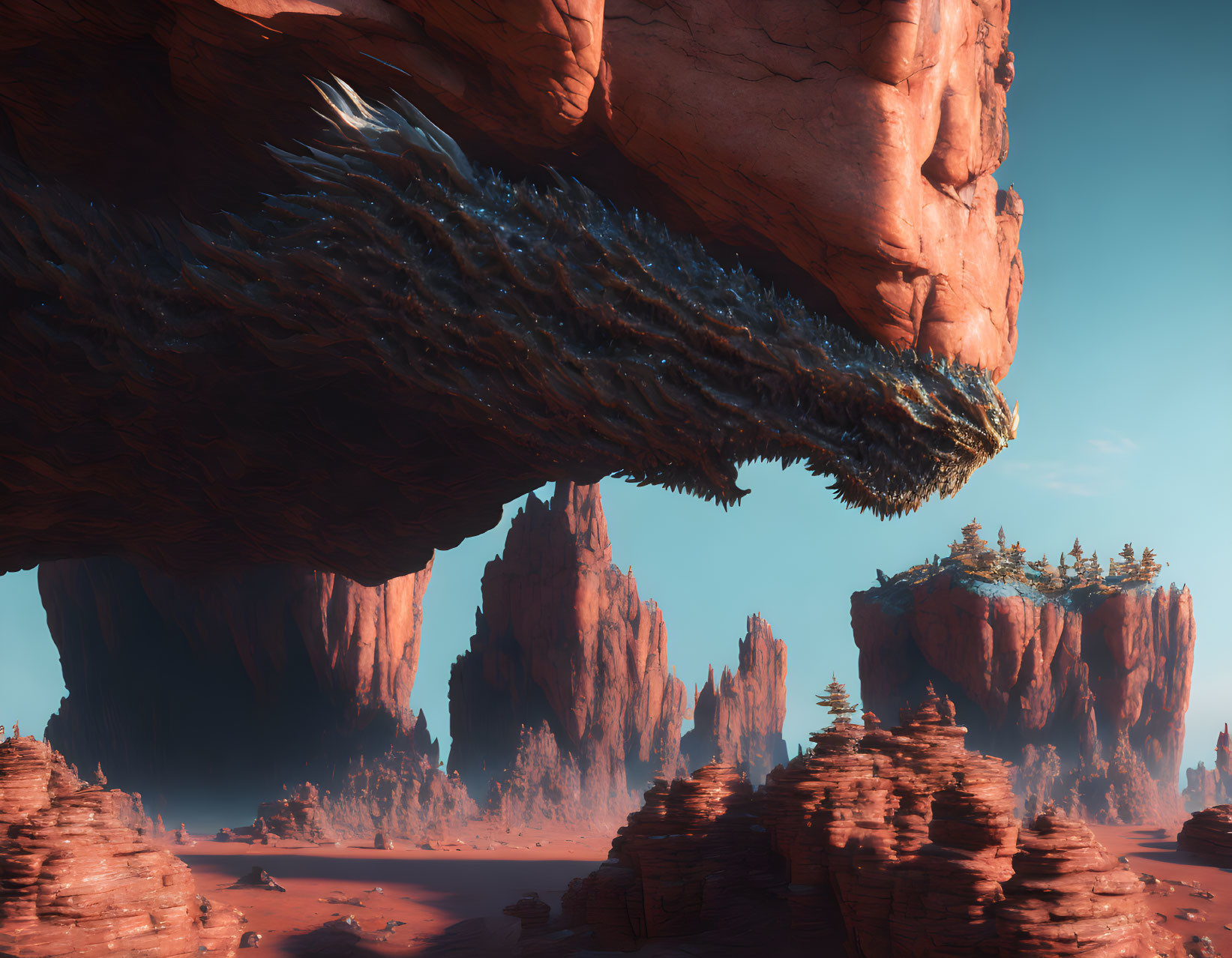 Pine trees and rock formations under desert archway landscape