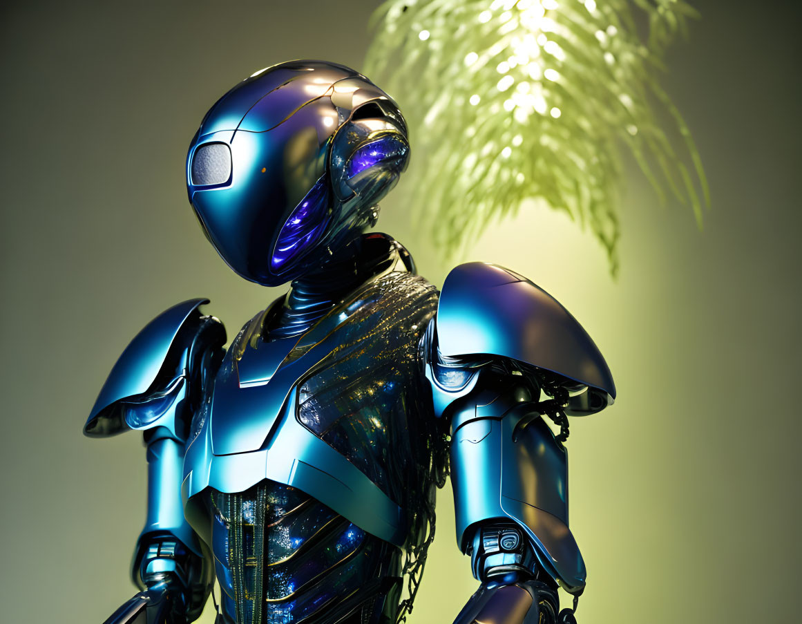 Sleek blue futuristic robot beside green potted plant