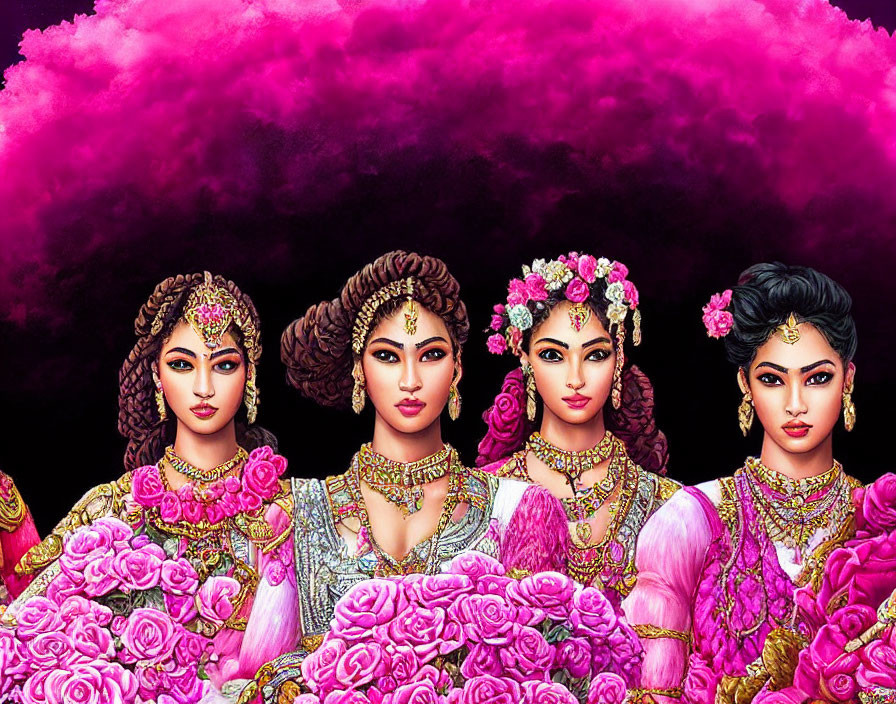 Illustrated women in South Asian attire with roses on pink background