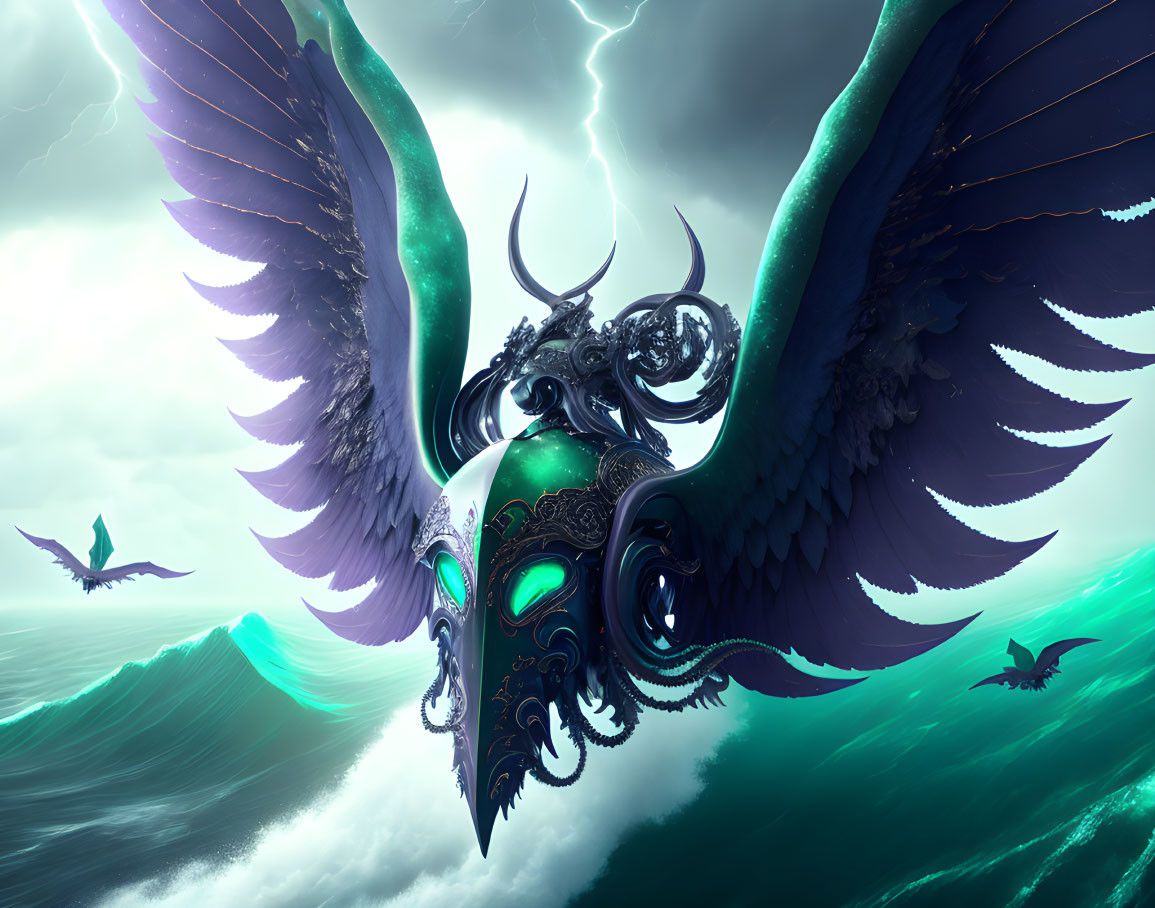 Majestic creature with wings and horns soaring over stormy sea with lightning