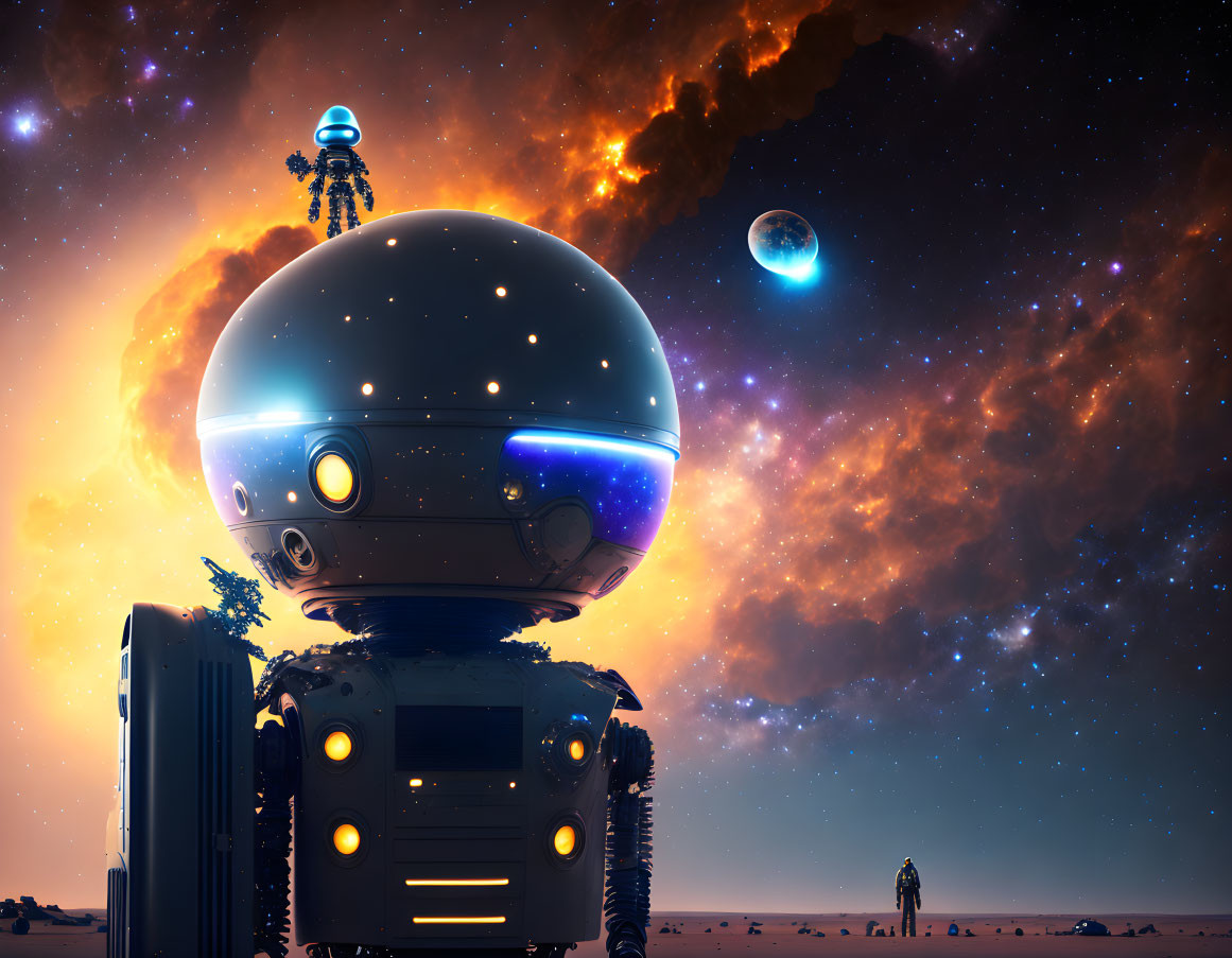 Futuristic robot on alien planet with astronaut and nebula sky