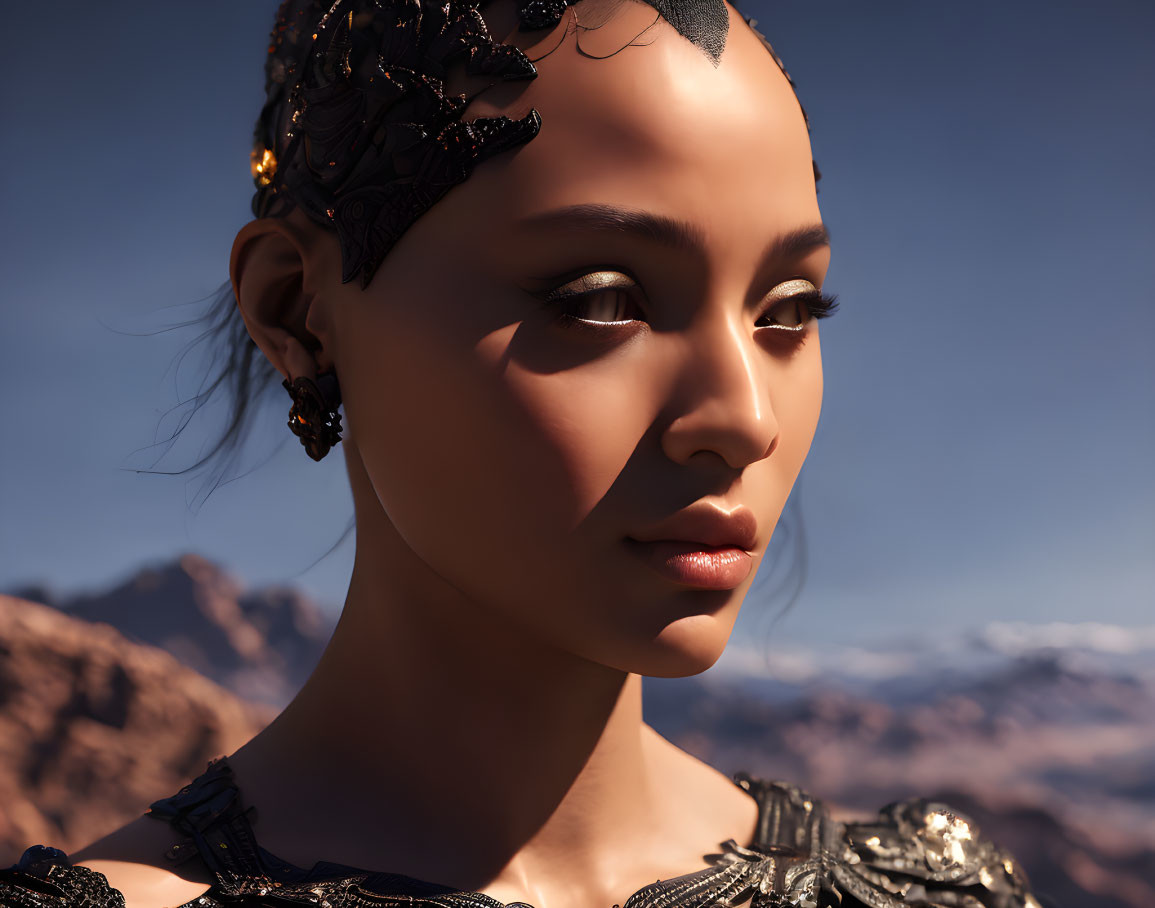 Woman with embellished headgear in 3D against desert backdrop