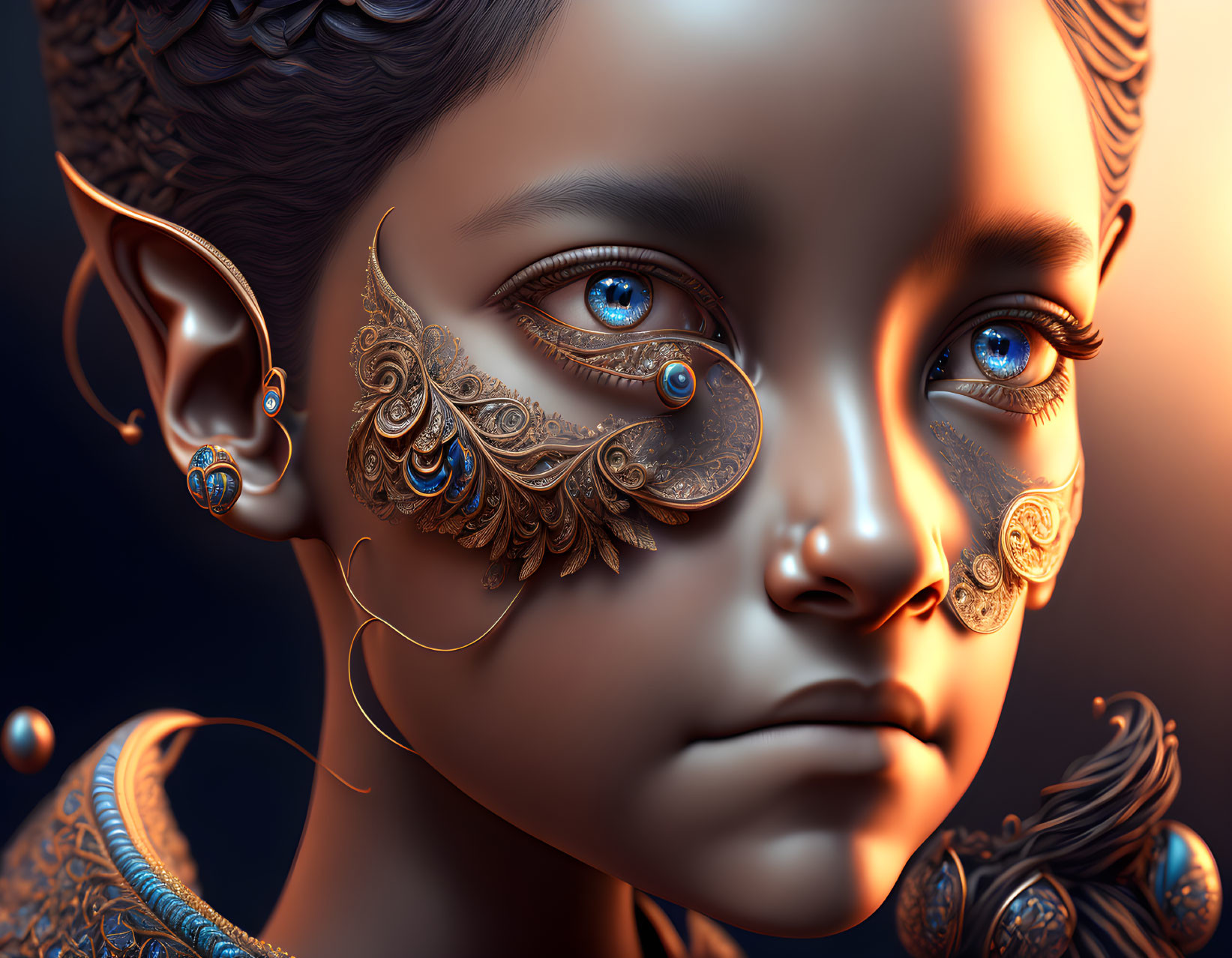 Child's face digital art: intricate gold filigree and blue eyes