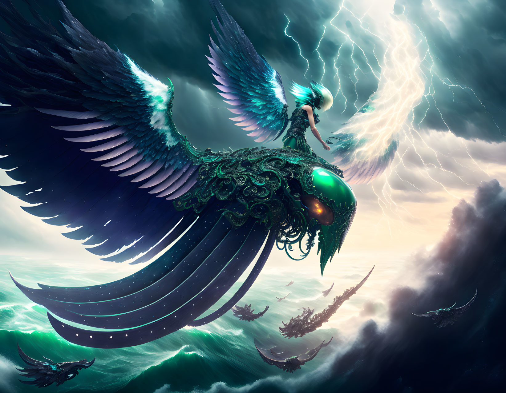 Fantasy bird with detailed wings over stormy skies and ships at sea