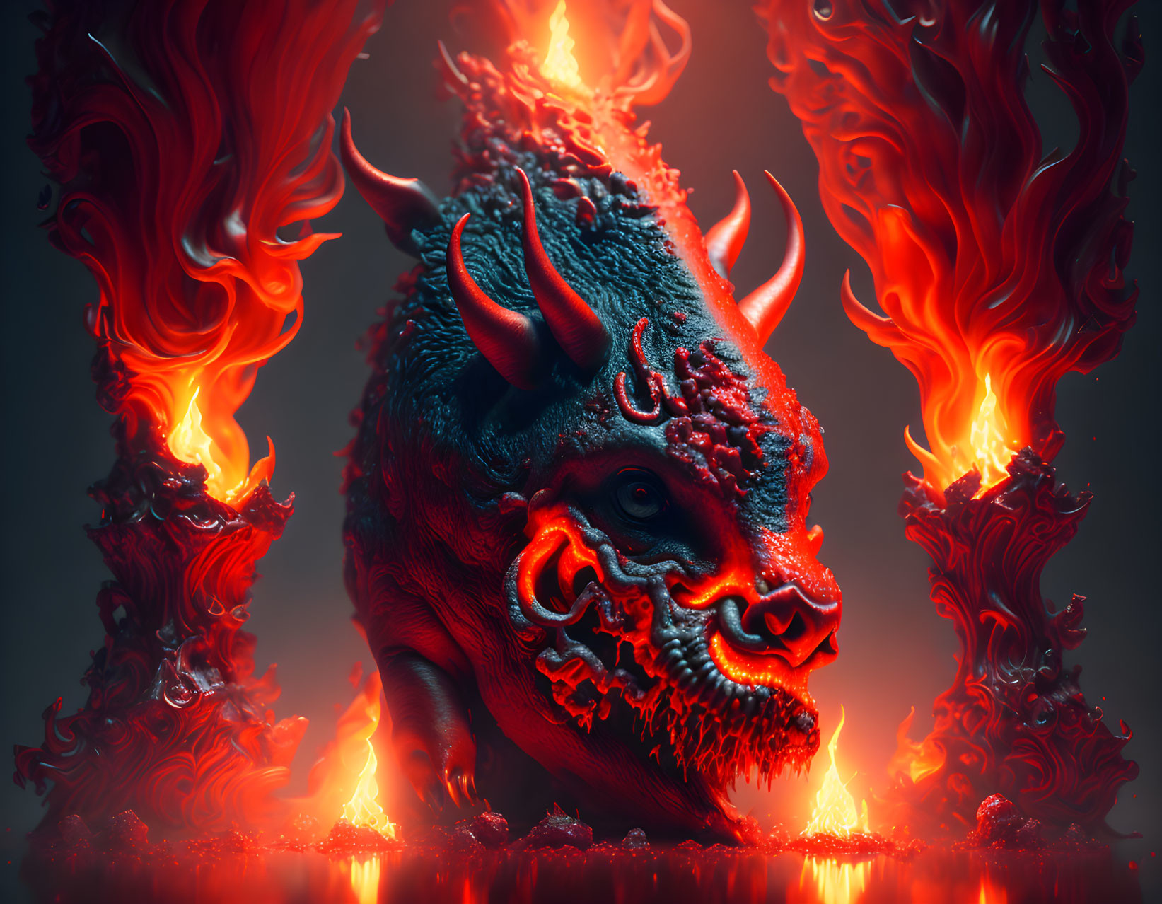 Mythical beast artwork: bull with flaming horns and ember glow