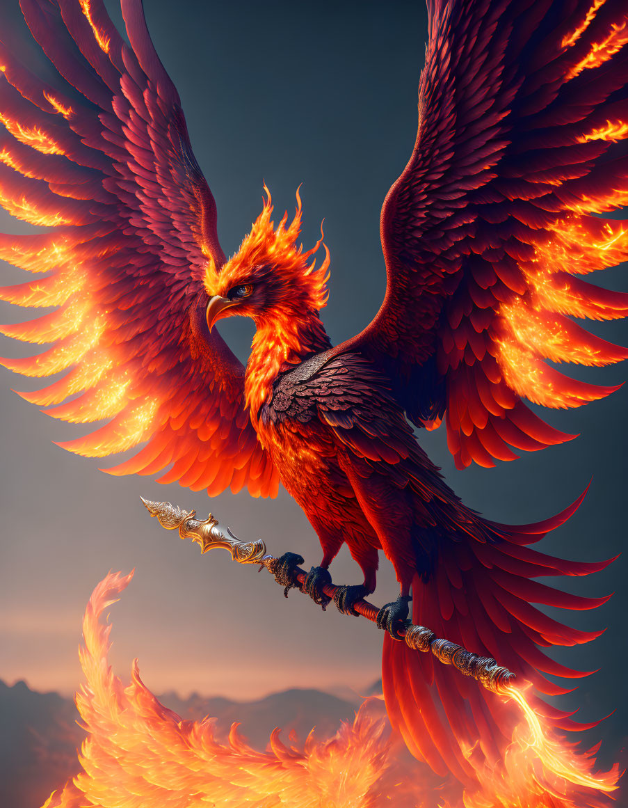 Majestic phoenix with fiery plumage on fiery branch at dusk