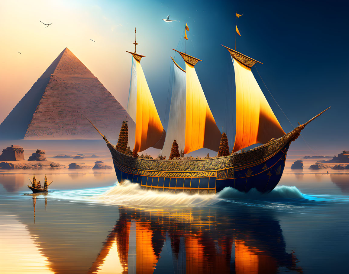 Sailing ship with large sails on water, pyramids, orange sky, and birds.