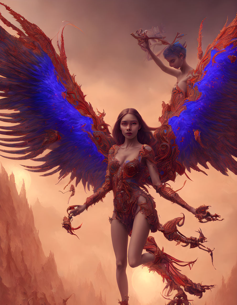 Two winged humanoid figures in a fantastical landscape