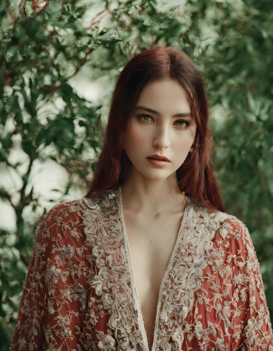 Auburn-Haired Woman in Floral Dress Against Green Foliage