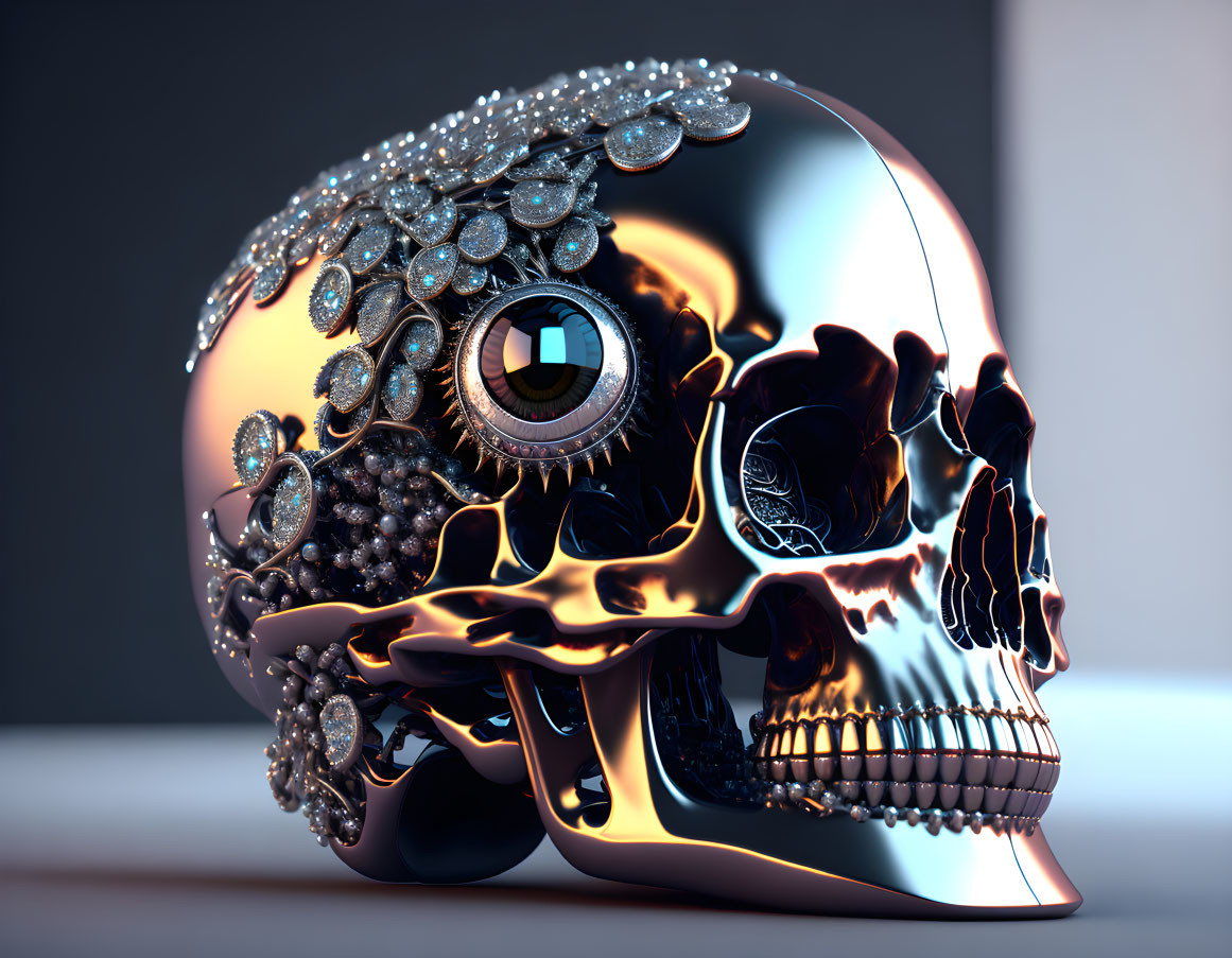 Digitally created skull with gemstones and metallic melting effect