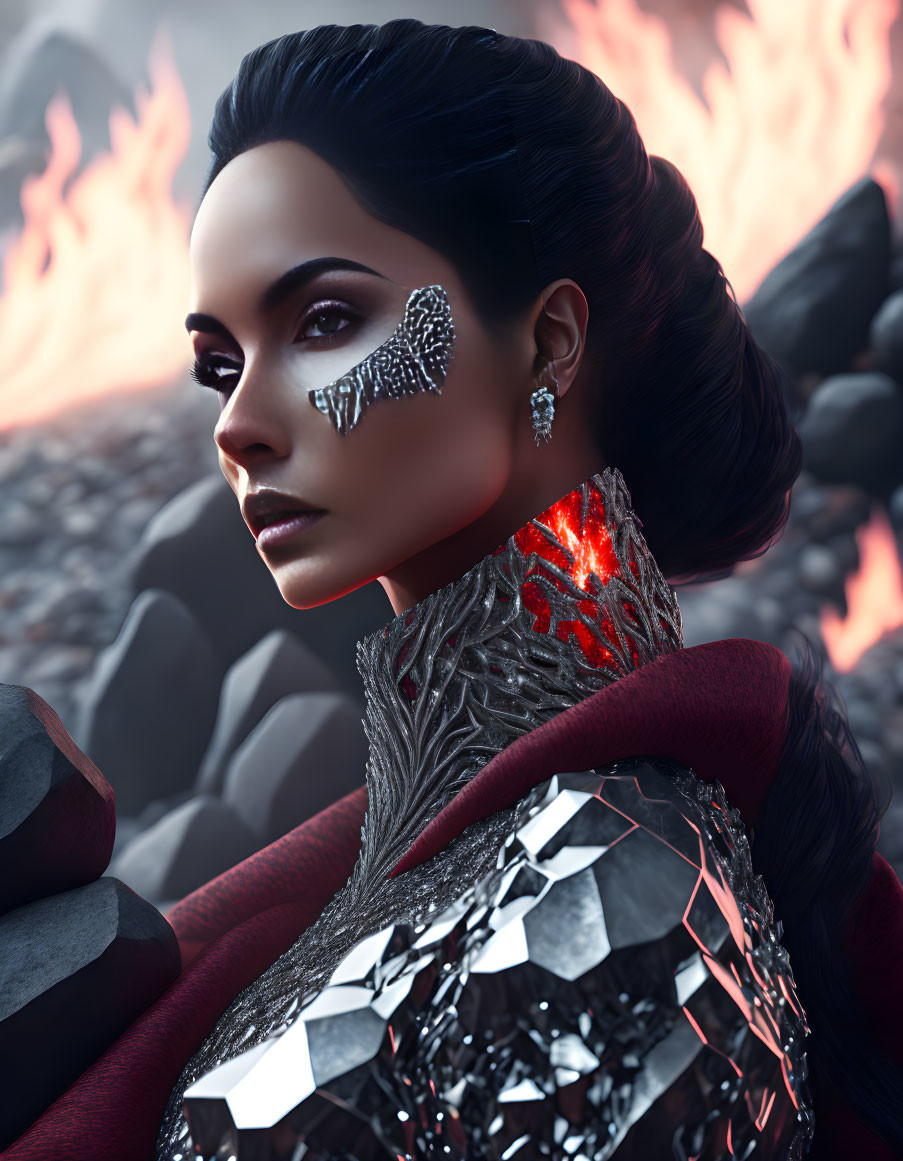 Mirrored face paint woman in futuristic metallic outfit against fiery background